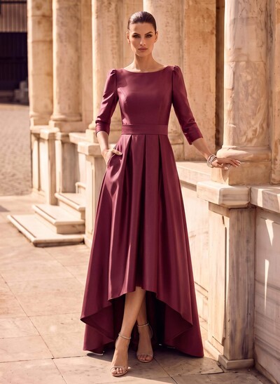 A-Line Scoop Neck 3/4 Sleeves Sweep Train Satin Evening Dresses