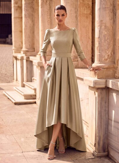 A-Line Scoop Neck 3/4 Sleeves Sweep Train Satin Evening Dresses