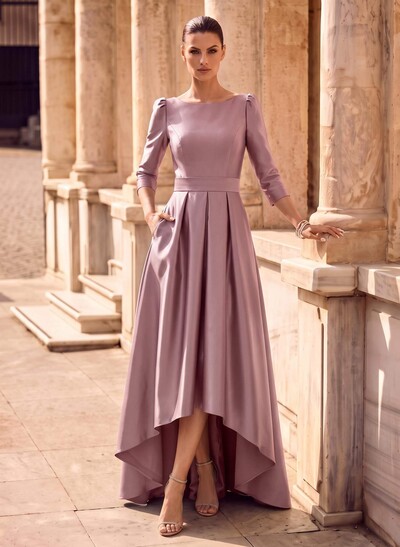A-Line Scoop Neck 3/4 Sleeves Sweep Train Satin Evening Dresses