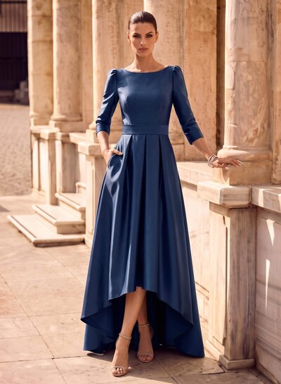 A-Line Scoop Neck 3/4 Sleeves Sweep Train Satin Evening Dresses