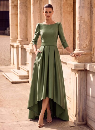 A-Line Scoop Neck 3/4 Sleeves Sweep Train Satin Evening Dresses