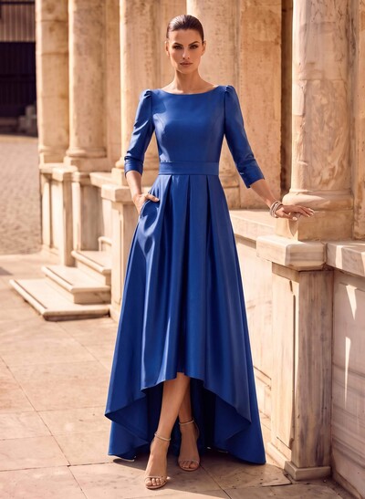 A-Line Scoop Neck 3/4 Sleeve Satin Formal Evening Dresses With Sweep Train