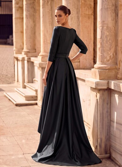 A-Line Scoop Neck 3/4 Sleeve Satin Formal Evening Dresses With Sweep Train