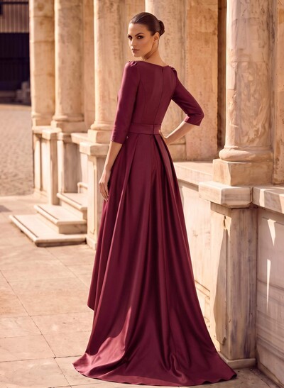 A-Line Scoop Neck 3/4 Sleeves Sweep Train Satin Evening Dresses
