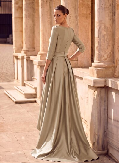 A-Line Scoop Neck 3/4 Sleeves Sweep Train Satin Evening Dresses