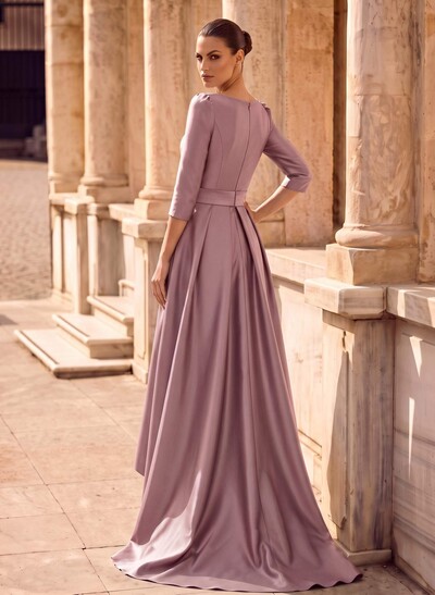 A-Line Scoop Neck 3/4 Sleeves Sweep Train Satin Evening Dresses