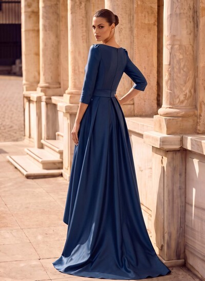 A-Line Scoop Neck 3/4 Sleeves Sweep Train Satin Evening Dresses