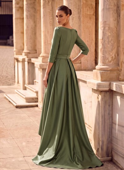A-Line Scoop Neck 3/4 Sleeves Sweep Train Satin Evening Dresses