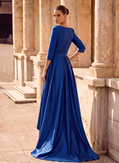 A-Line Scoop Neck 3/4 Sleeve Satin Formal Evening Dresses With Sweep Train