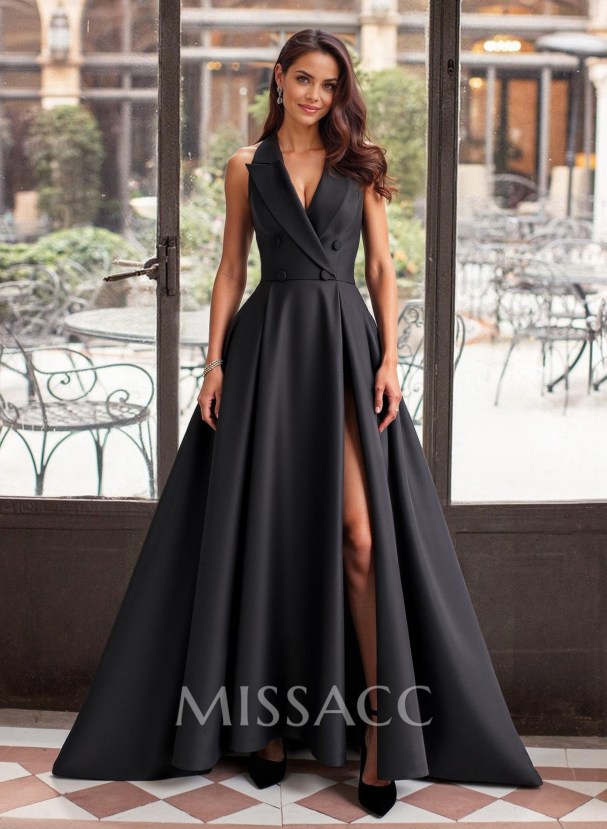 A-Line V-Neck Sleeveless Satin Evening Dress With Sweep Train And High Slit