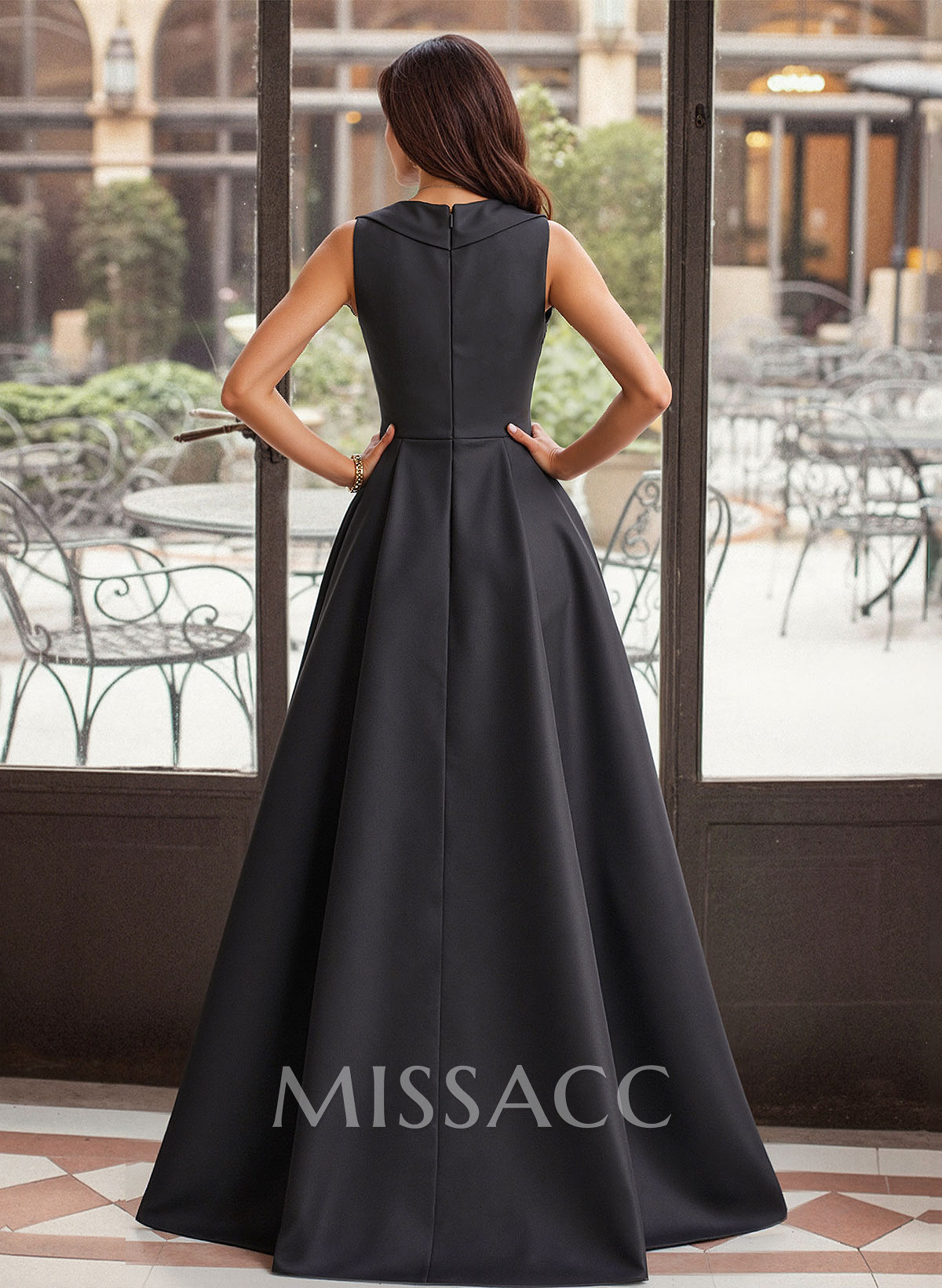 A-Line V-Neck Sleeveless Satin Evening Dress With Sweep Train And High Slit