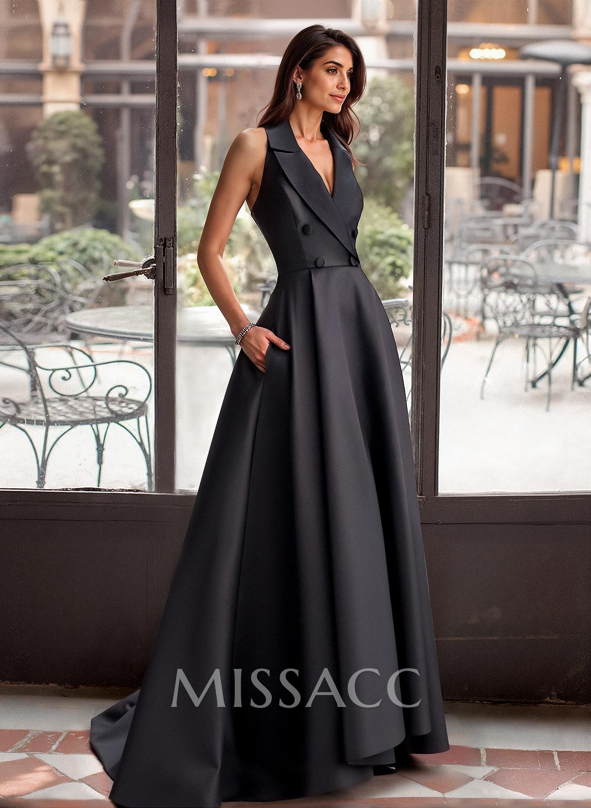 A-Line V-Neck Sleeveless Satin Evening Dress With Sweep Train And High Slit