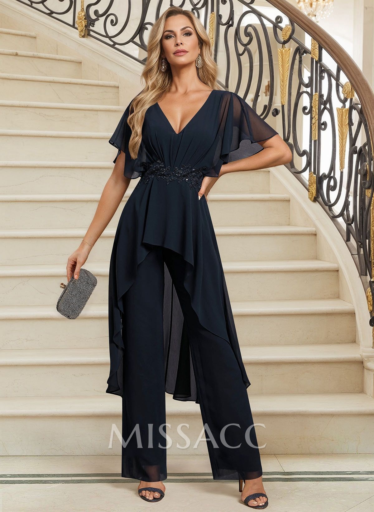 Jumpsuit/Trouser Suit V-Neck Short Sleeve Floor-Length Chiffon Evening Dress With Lace