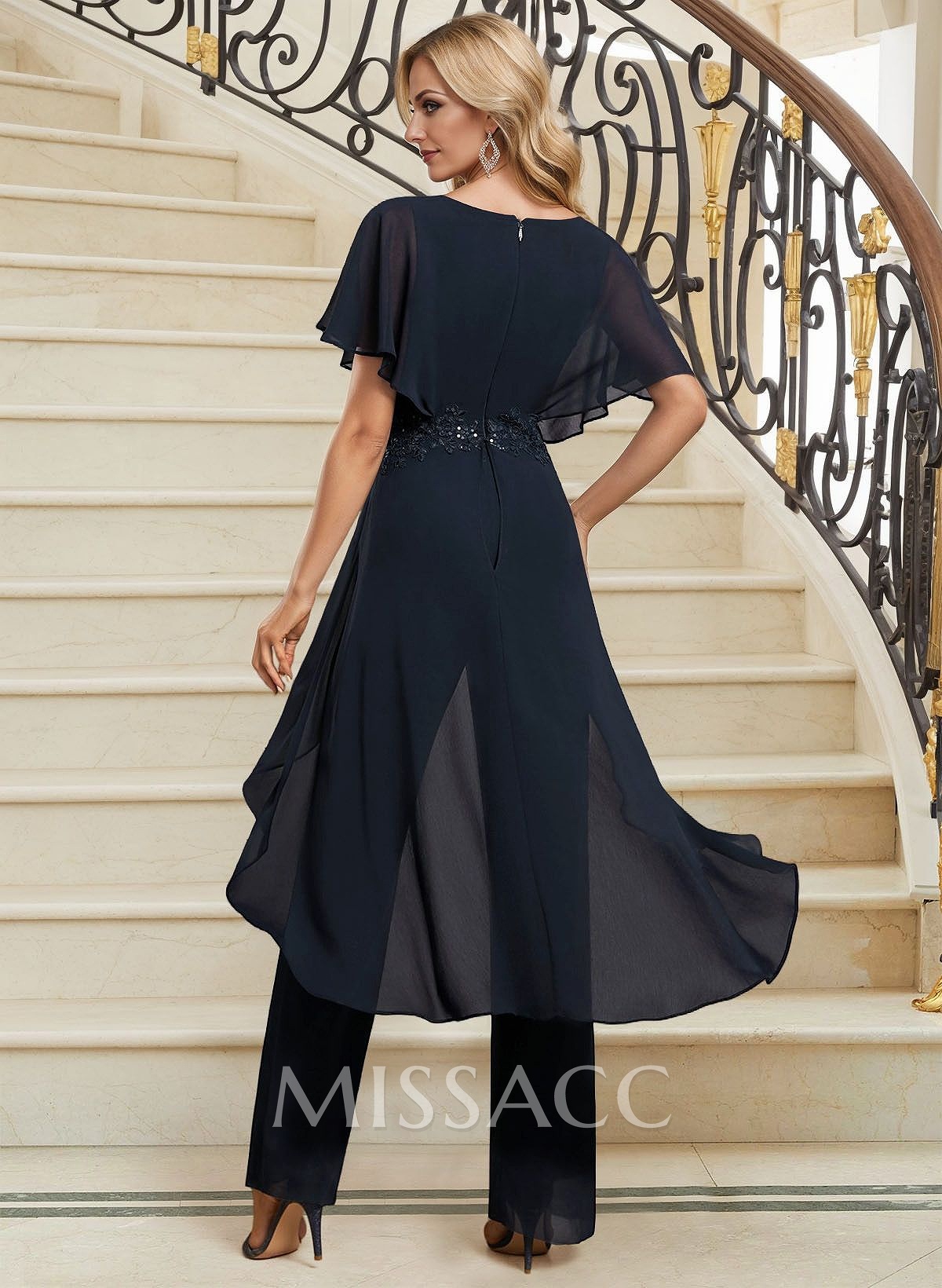 Jumpsuit/Trouser Suit V-Neck Short Sleeve Floor-Length Chiffon Evening Dress With Lace