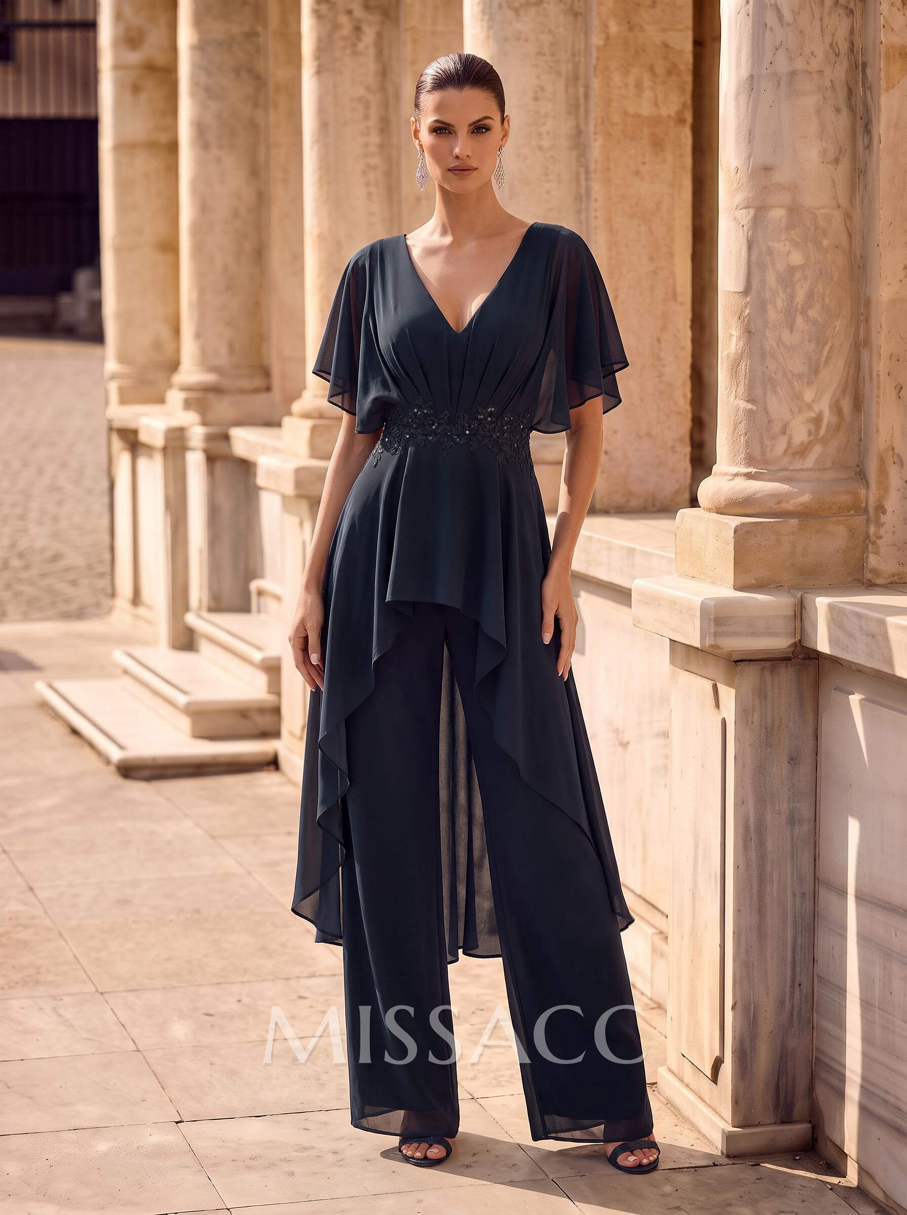 Jumpsuit/Pantsuit V-Neck Short Sleeves Floor-Length Chiffon Evening Dresses With Lace