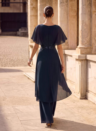 Jumpsuit/Pantsuit V-Neck Short Sleeves Floor-Length Chiffon Evening Dresses With Lace