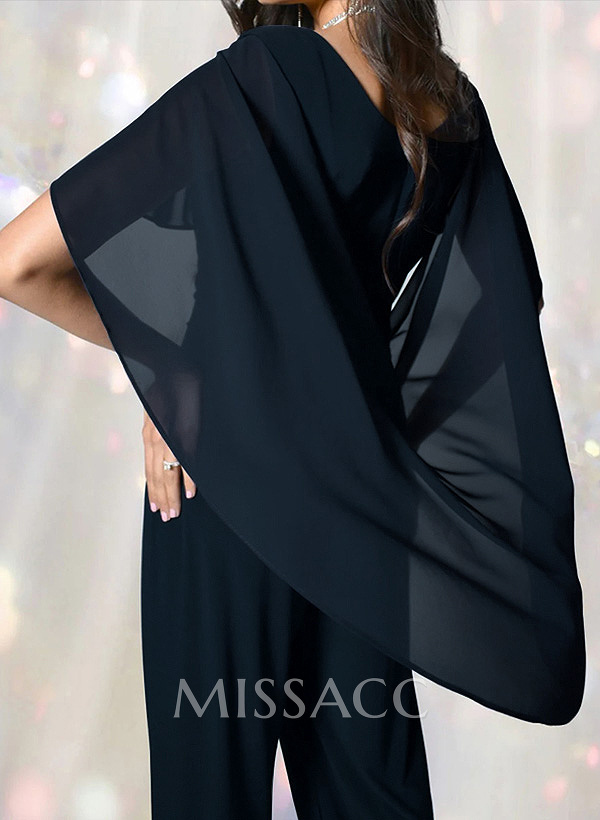 Jumpsuit/Trouser Suit Scoop Neck Short Sleeve Floor-Length Chiffon Evening Dress With Ruffles/Beading