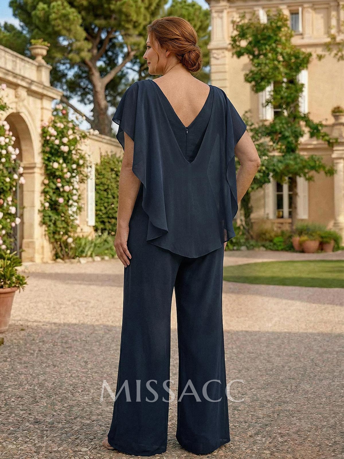 Jumpsuit/Trouser Suit Scoop Neck Short Sleeve Floor-Length Chiffon Evening Dress With Ruffles/Beading