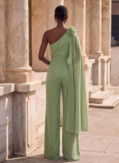 Jumpsuit/Pantsuit One-Shoulder Cape Sleeve Maxi Chiffon Formal Dress With Flower Detail