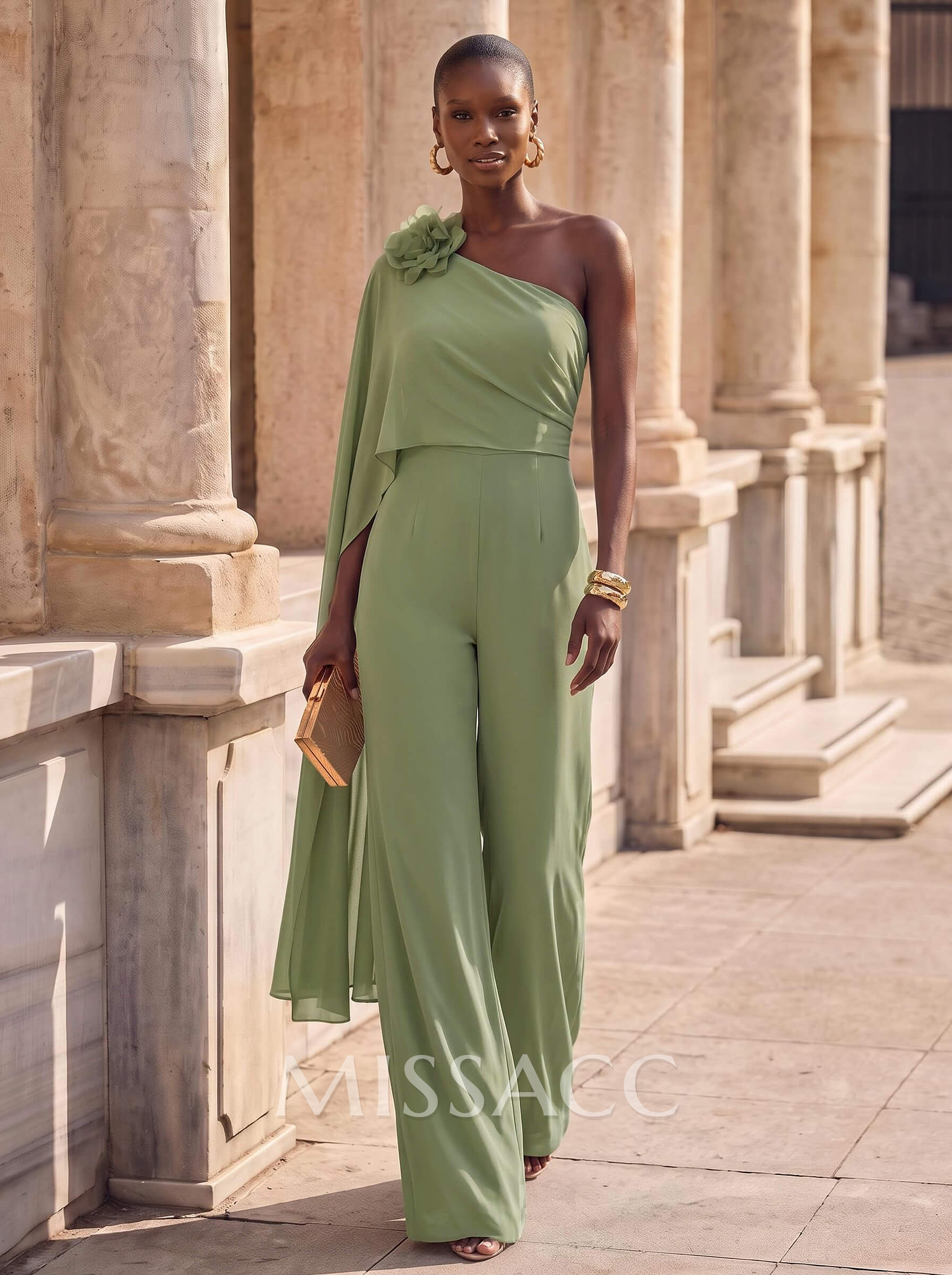 Jumpsuit/Pantsuit One-Shoulder Cape Sleeve Maxi Chiffon Formal Dress With Flower Detail