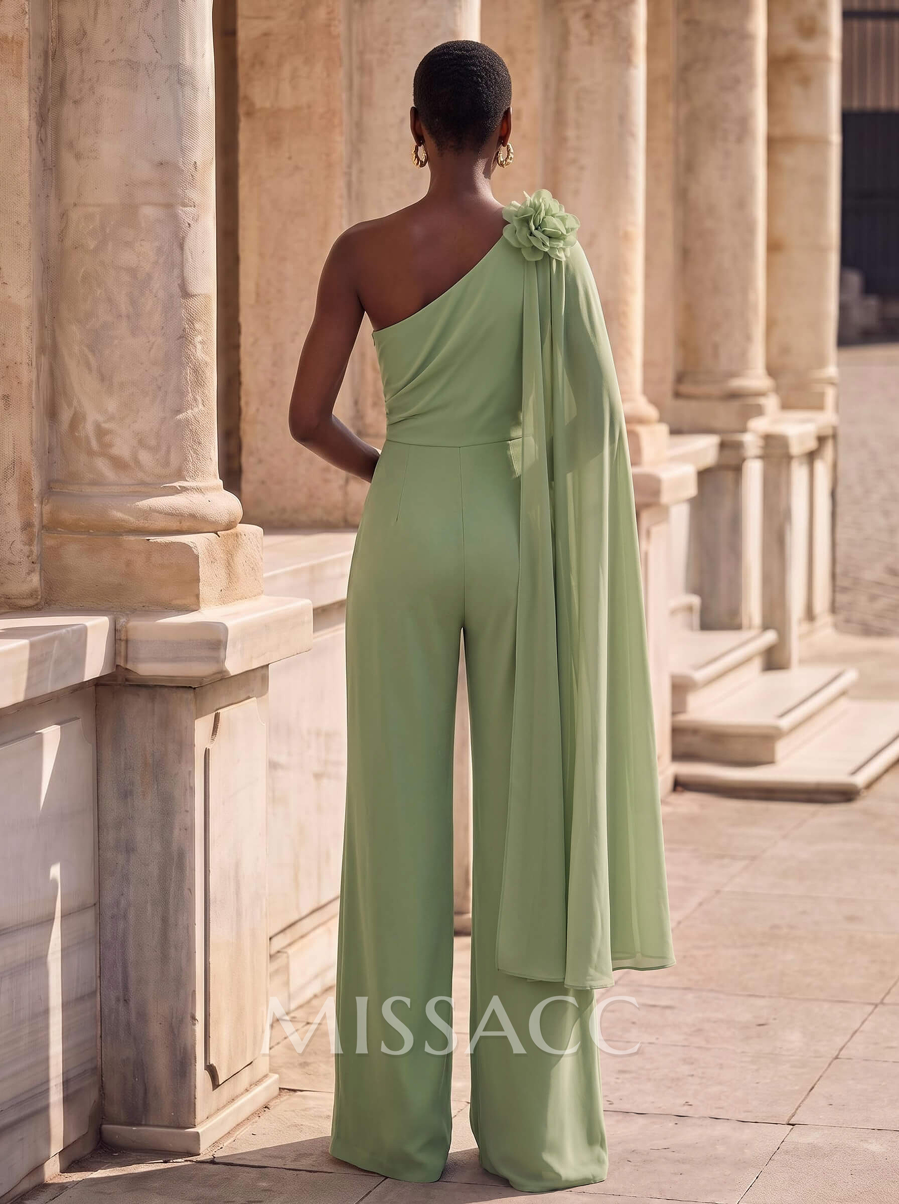 Jumpsuit/Pantsuit One-Shoulder Cape Sleeve Maxi Chiffon Formal Dress With Flower Detail