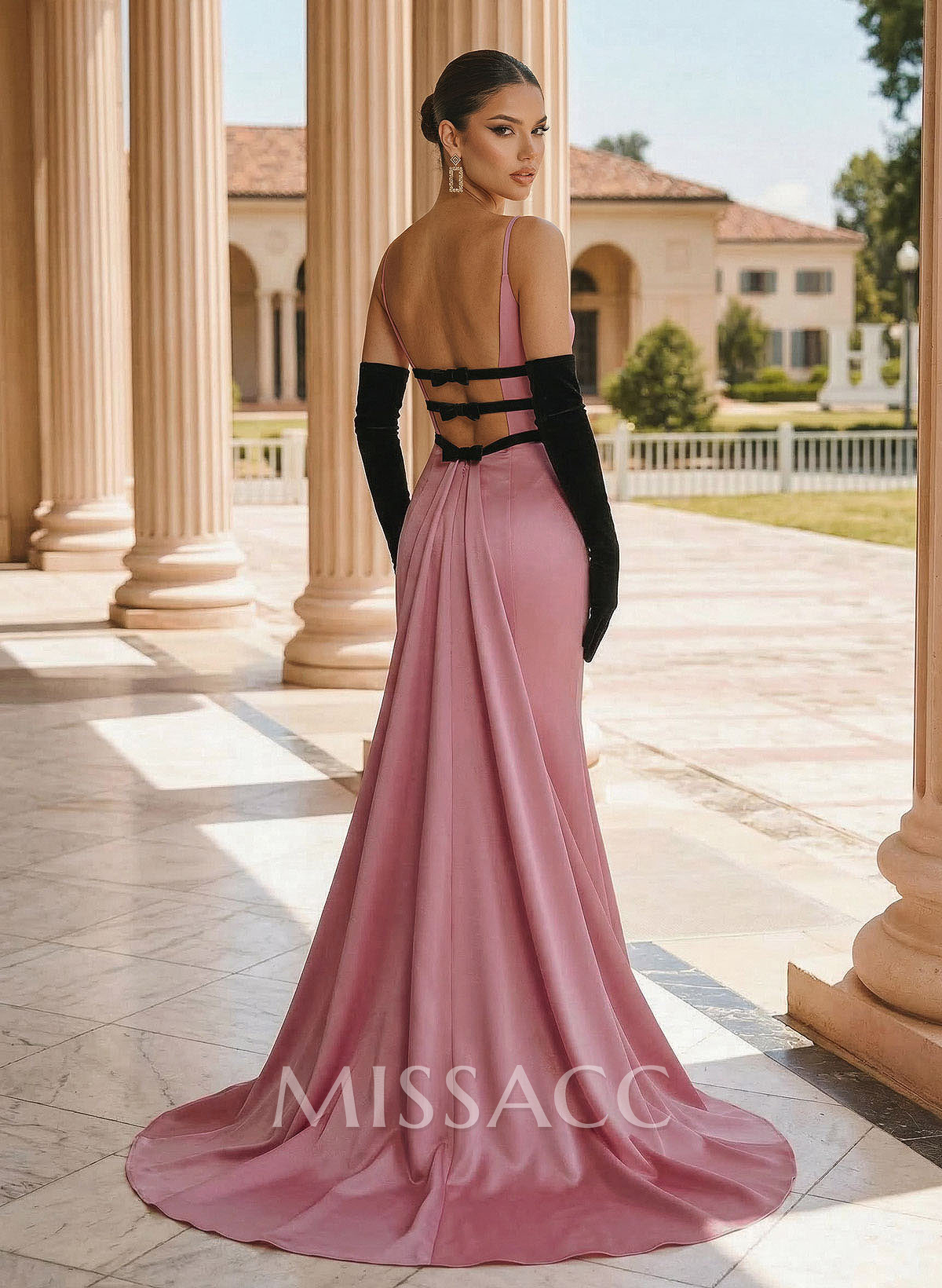 Mermaid/Trumpet Plunge Neck Sleeveless Sweep Train Stretch Satin Formal Dresses