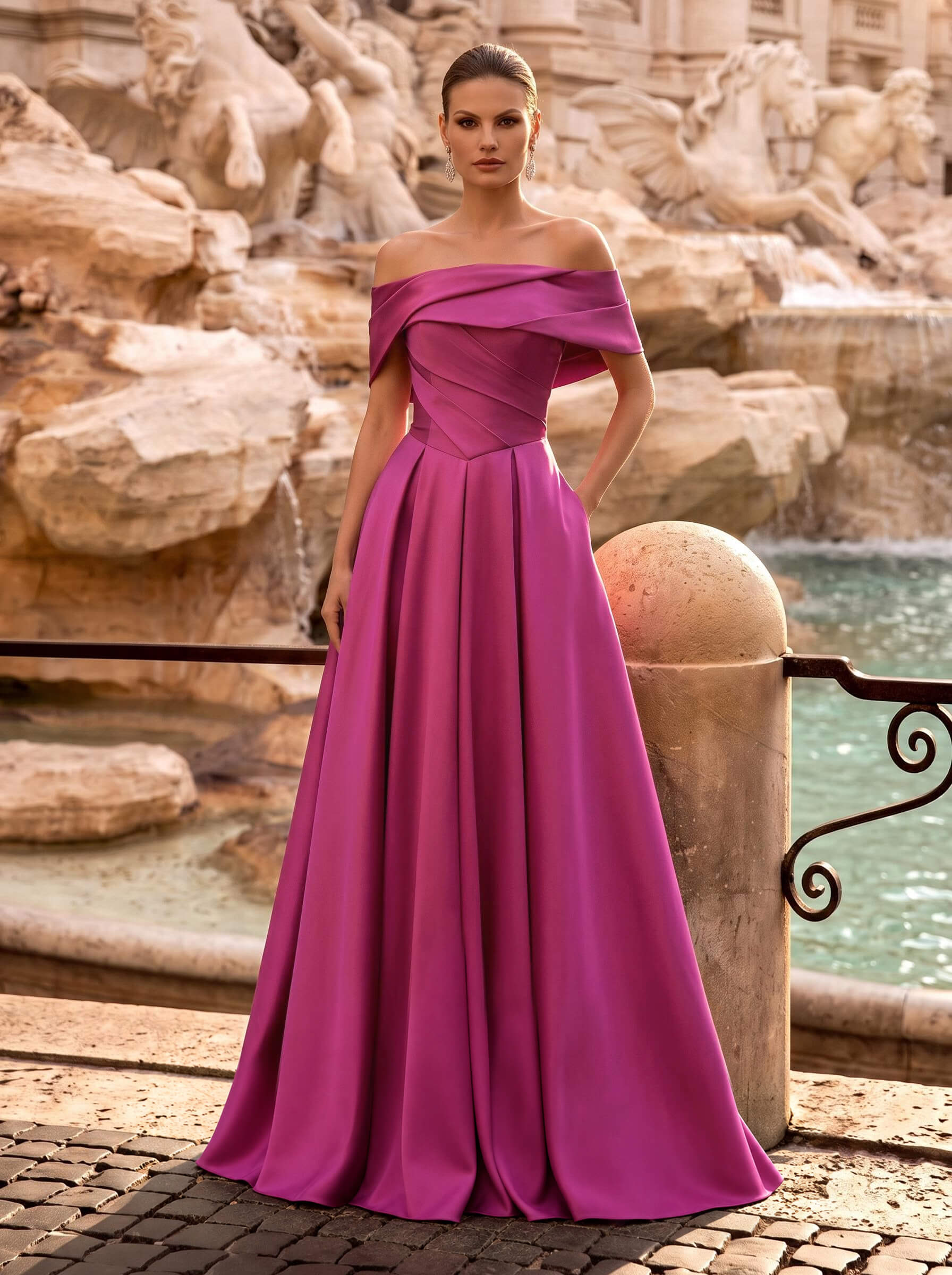 A-Line Off-The-Shoulder Sweep Train Satin Evening Dresses With Pockets