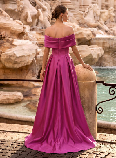 A-Line Off-The-Shoulder Satin Formal Dresses With Sweep Train And Pockets
