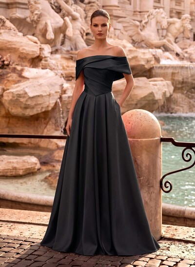 A-Line Off-The-Shoulder Sweep Train Satin Evening Dresses With Pockets