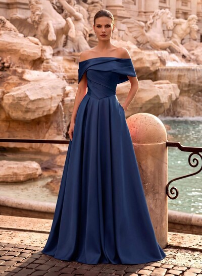 A-Line Off-The-Shoulder Sweep Train Satin Evening Dresses With Pockets