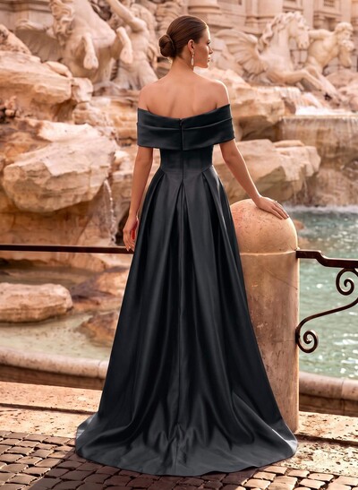 A-Line Off-The-Shoulder Sweep Train Satin Evening Dresses With Pockets