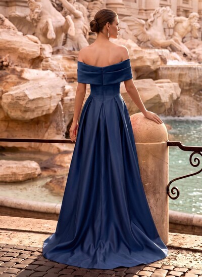 A-Line Off-The-Shoulder Sweep Train Satin Evening Dresses With Pockets