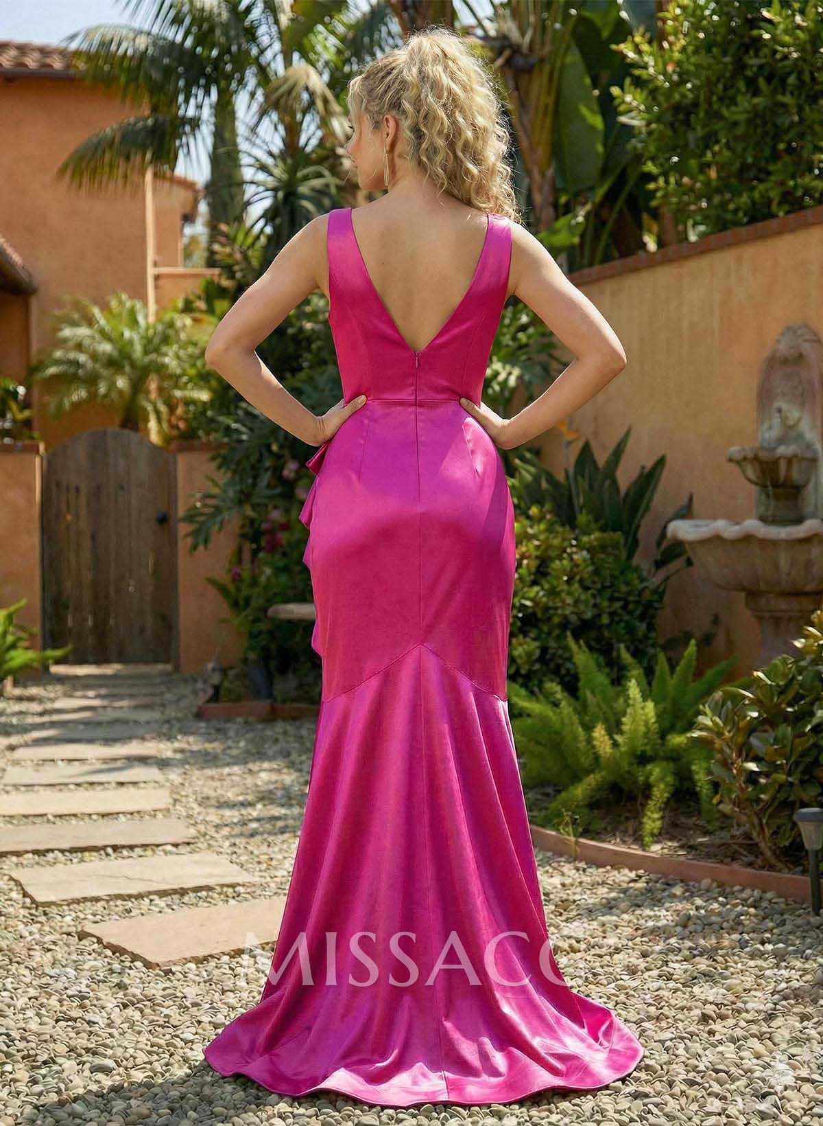 Trumpet/Mermaid Plunge Neck Sleeveless Sweep Train Charmeuse Evening Dresses With Ruffle/High Split