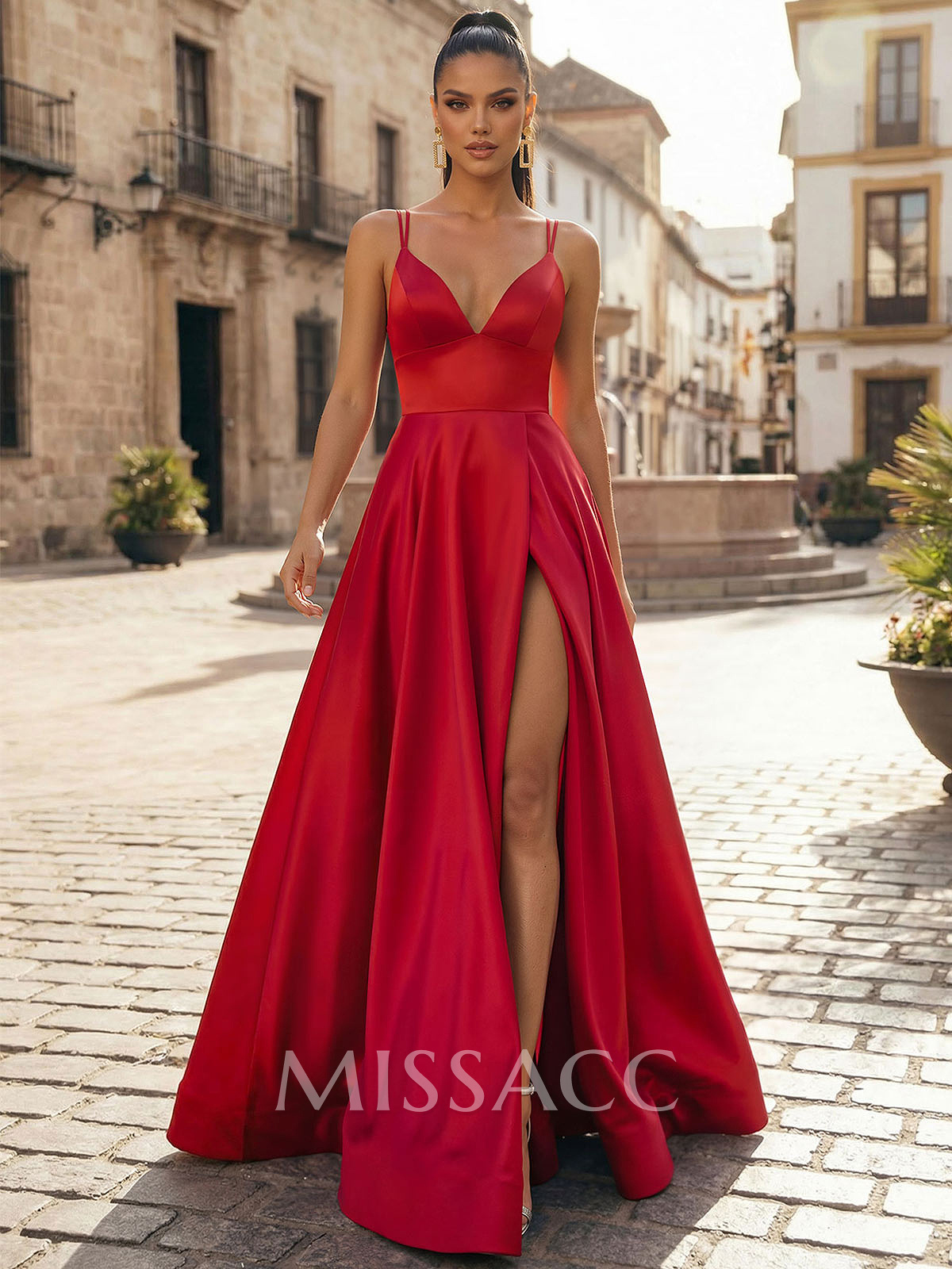 A-Line V-Neck Sleeveless Satin Evening Dress With Sweep Train And High Split