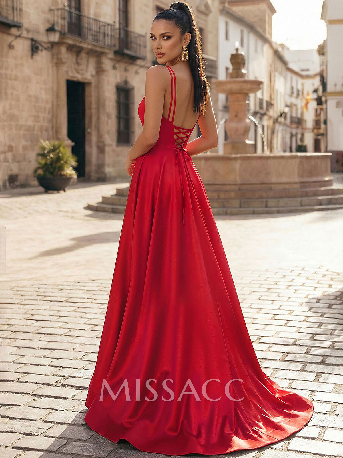 A-Line V-Neck Sleeveless Satin Evening Dress With Sweep Train And High Split