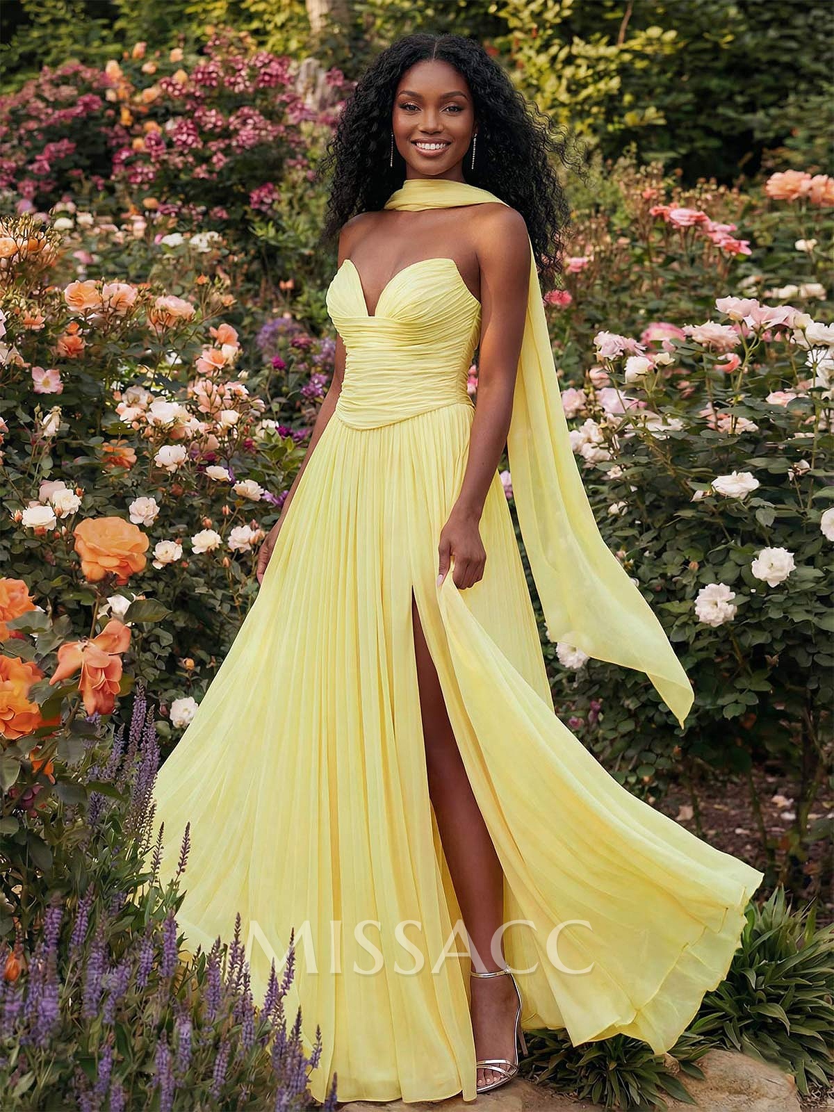 A-Line Strapless Chiffon Evening Gowns With Sweep Train And Pleated High Slit