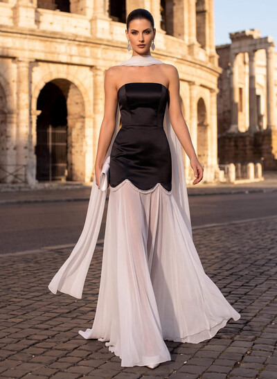 Elegant A-Line Sweep Train Chiffon/Matte Satin Prom Dresses With Beading
