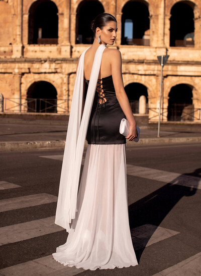 Elegant A-Line Sweep Train Chiffon/Matte Satin Prom Dresses With Beading
