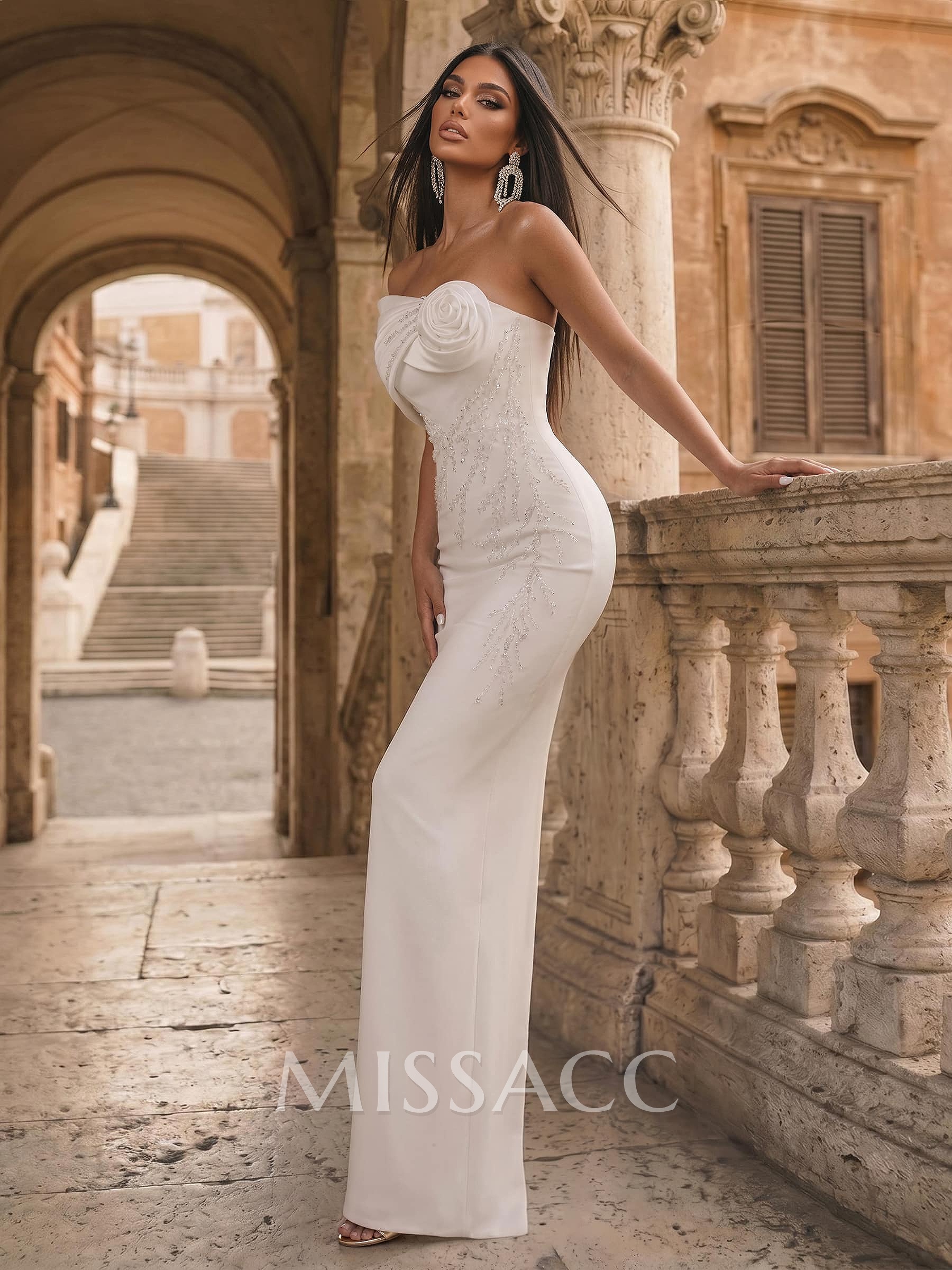 Sleeveless Floor-Length Satin Column Evening Dress With Sequins Or Flowers