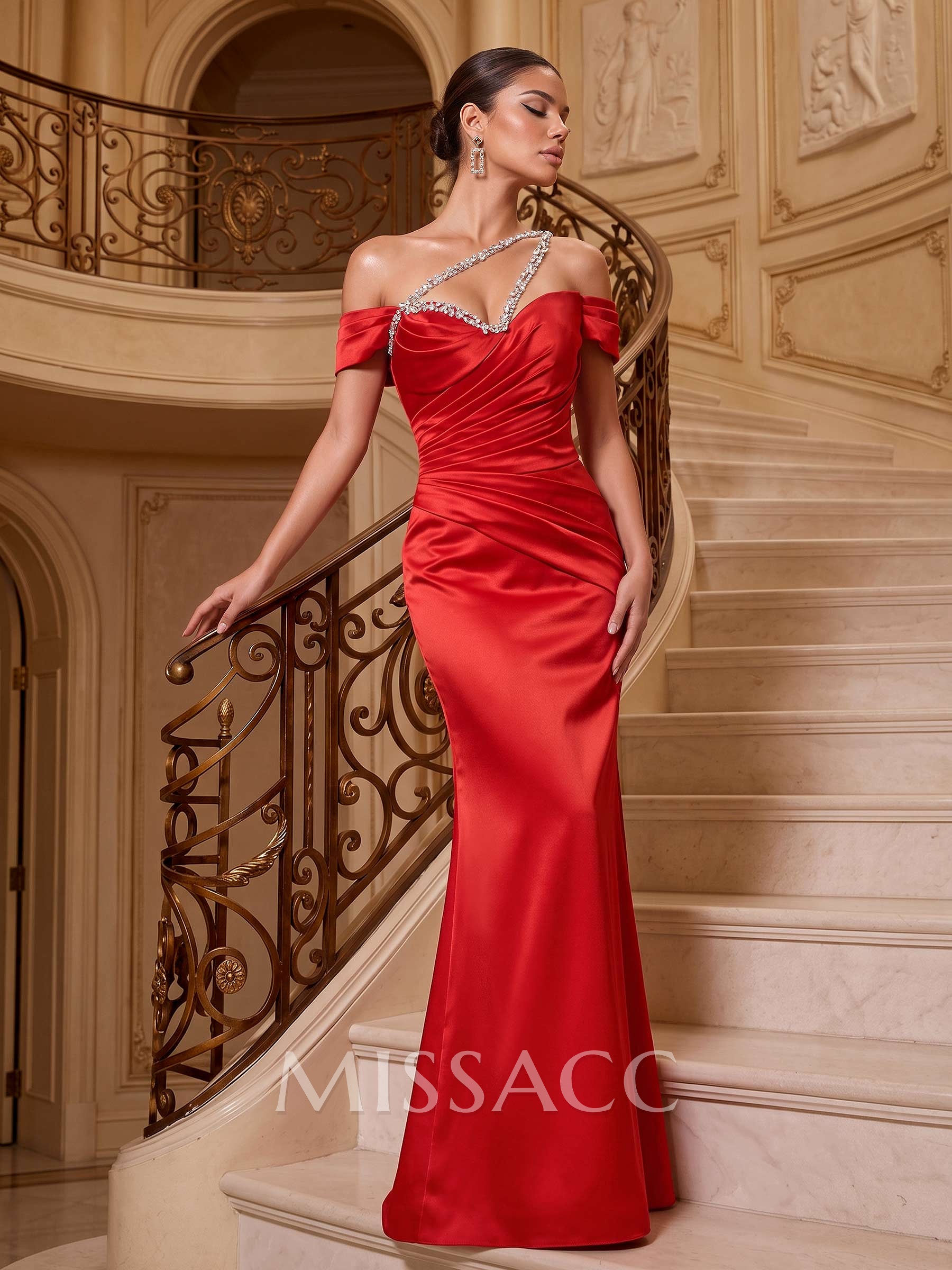 One-Shoulder Sleeveless Floor-Length Satin Column Evening Dresses