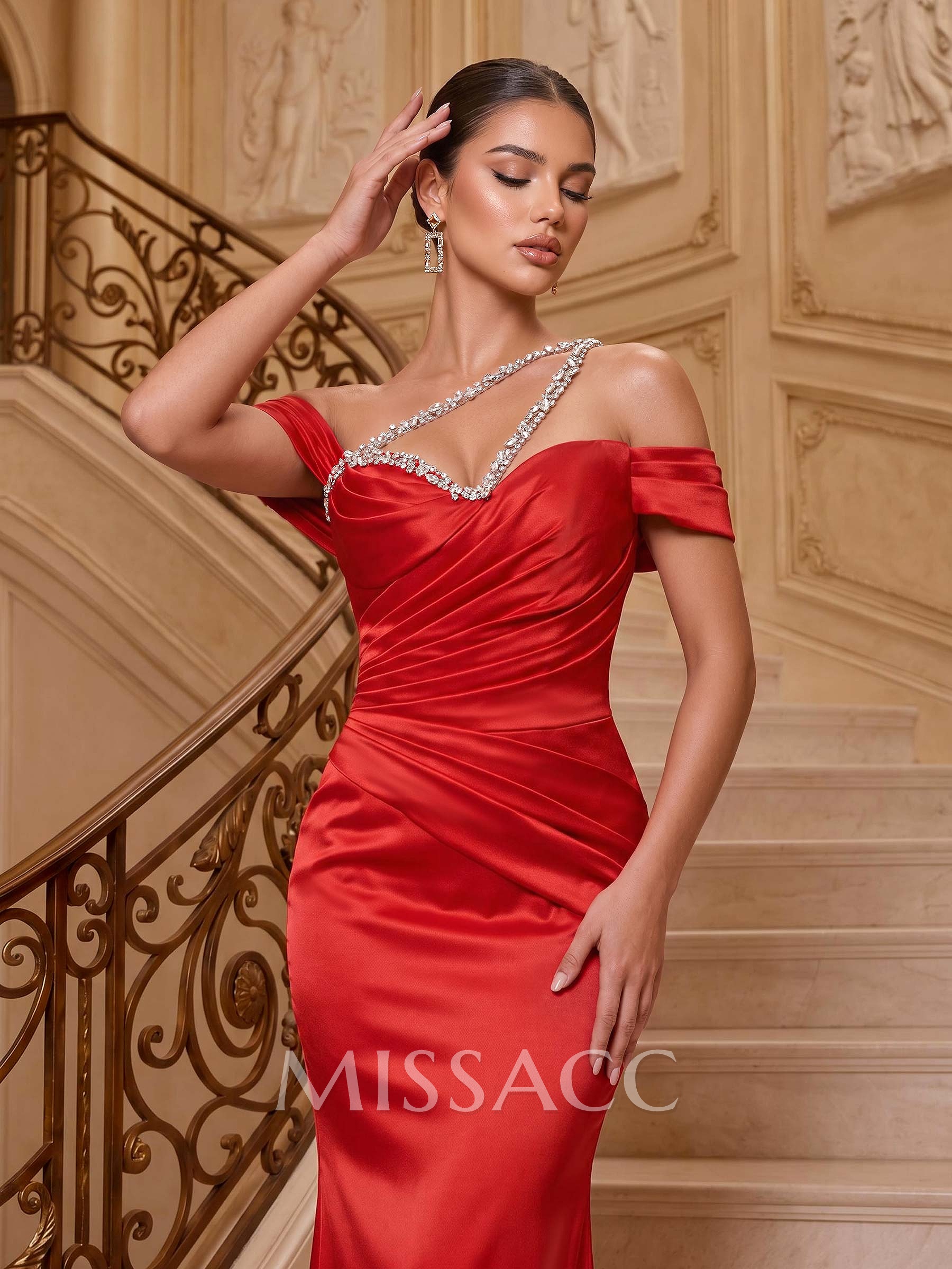 One-Shoulder Sleeveless Floor-Length Satin Column Evening Dresses