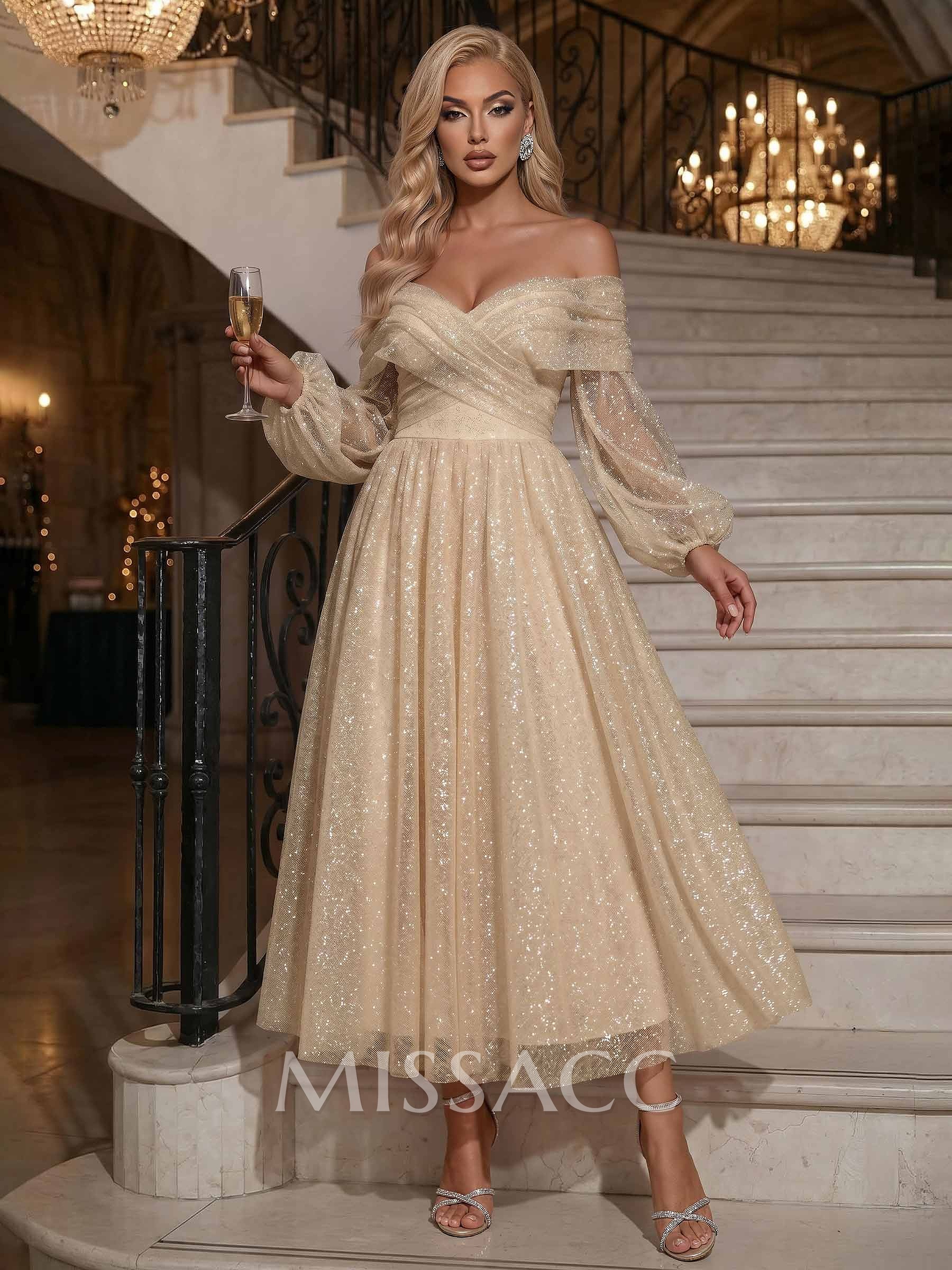 A-Line Off-The-Shoulder Long Sleeve Ankle-Length Sequin Evening Dresses