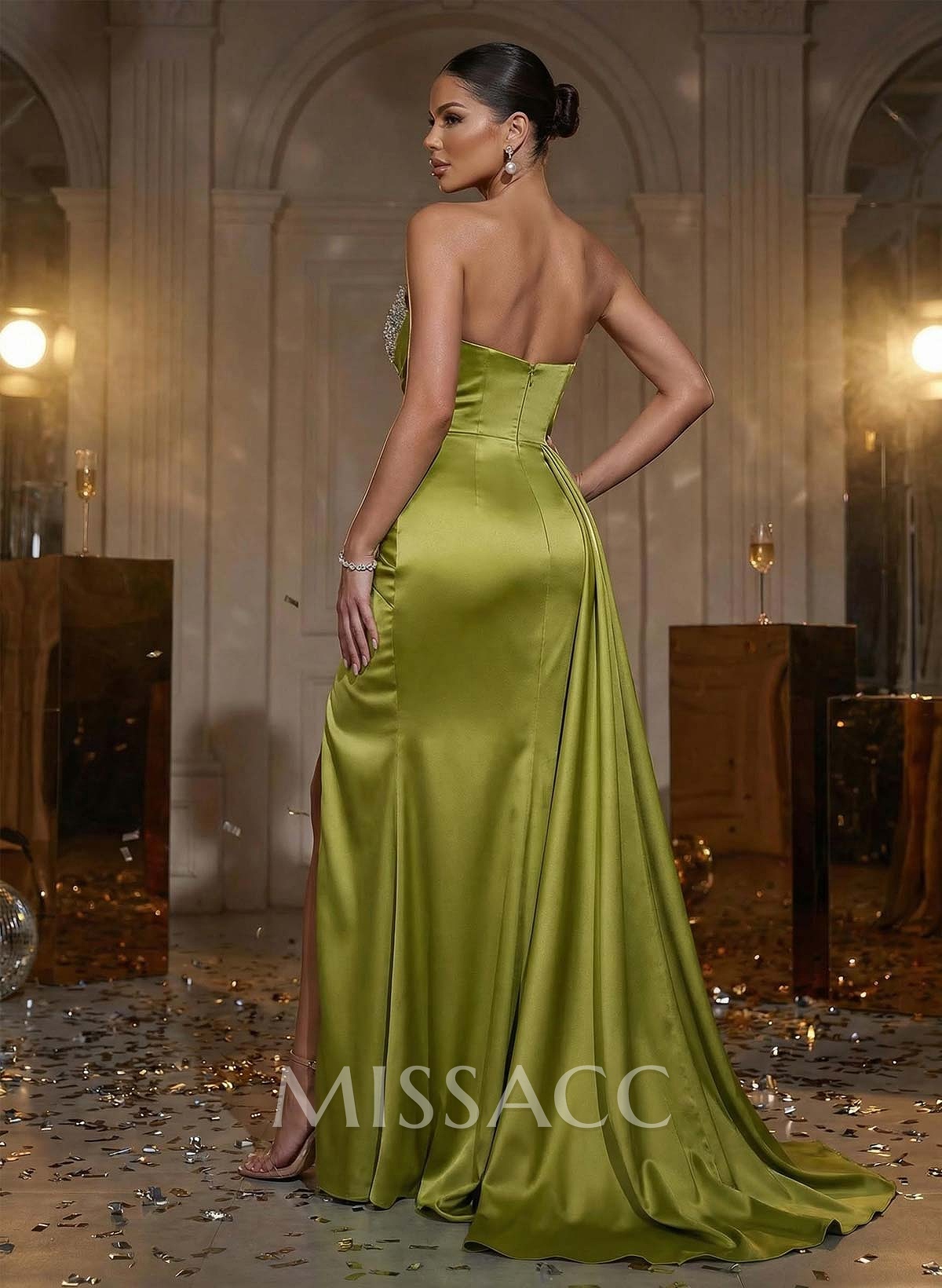 Strapless Mermaid Evening Gown In Silky Satin With Sweep Train, High Slit And Side Drape