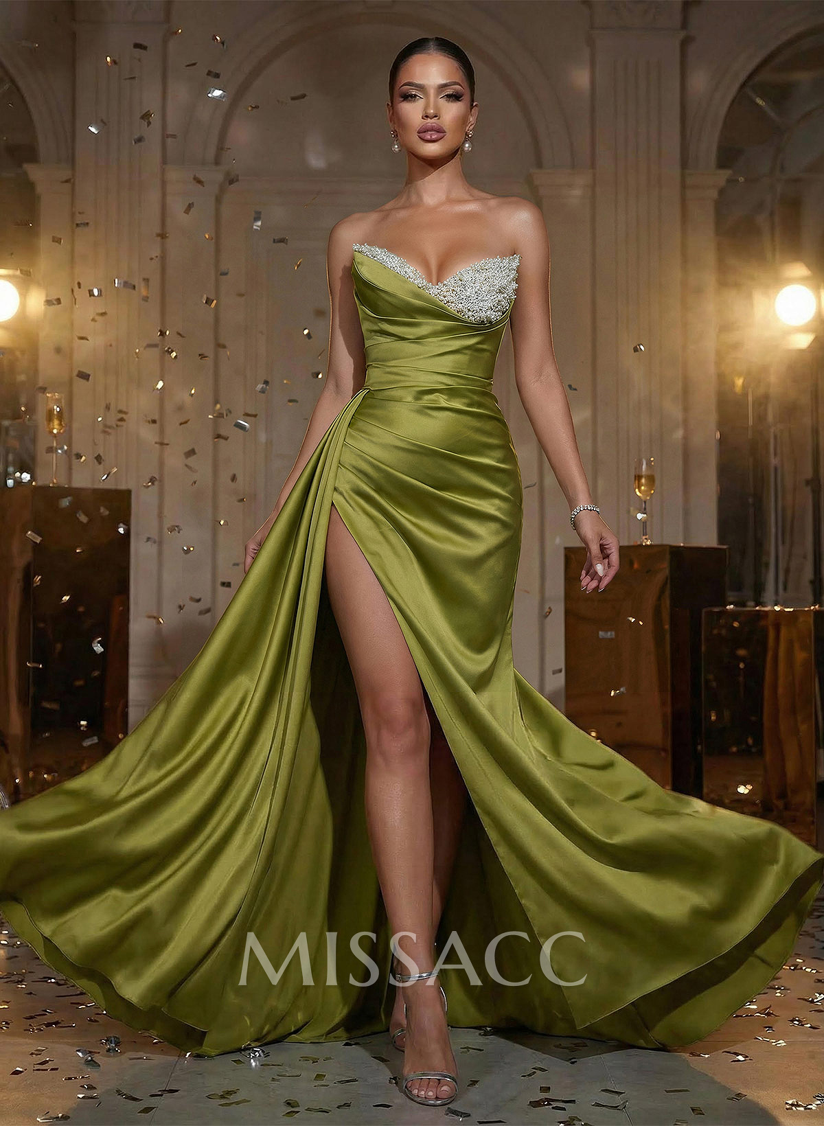 Strapless Mermaid Evening Gown In Silky Satin With Sweep Train, High Slit And Side Drape