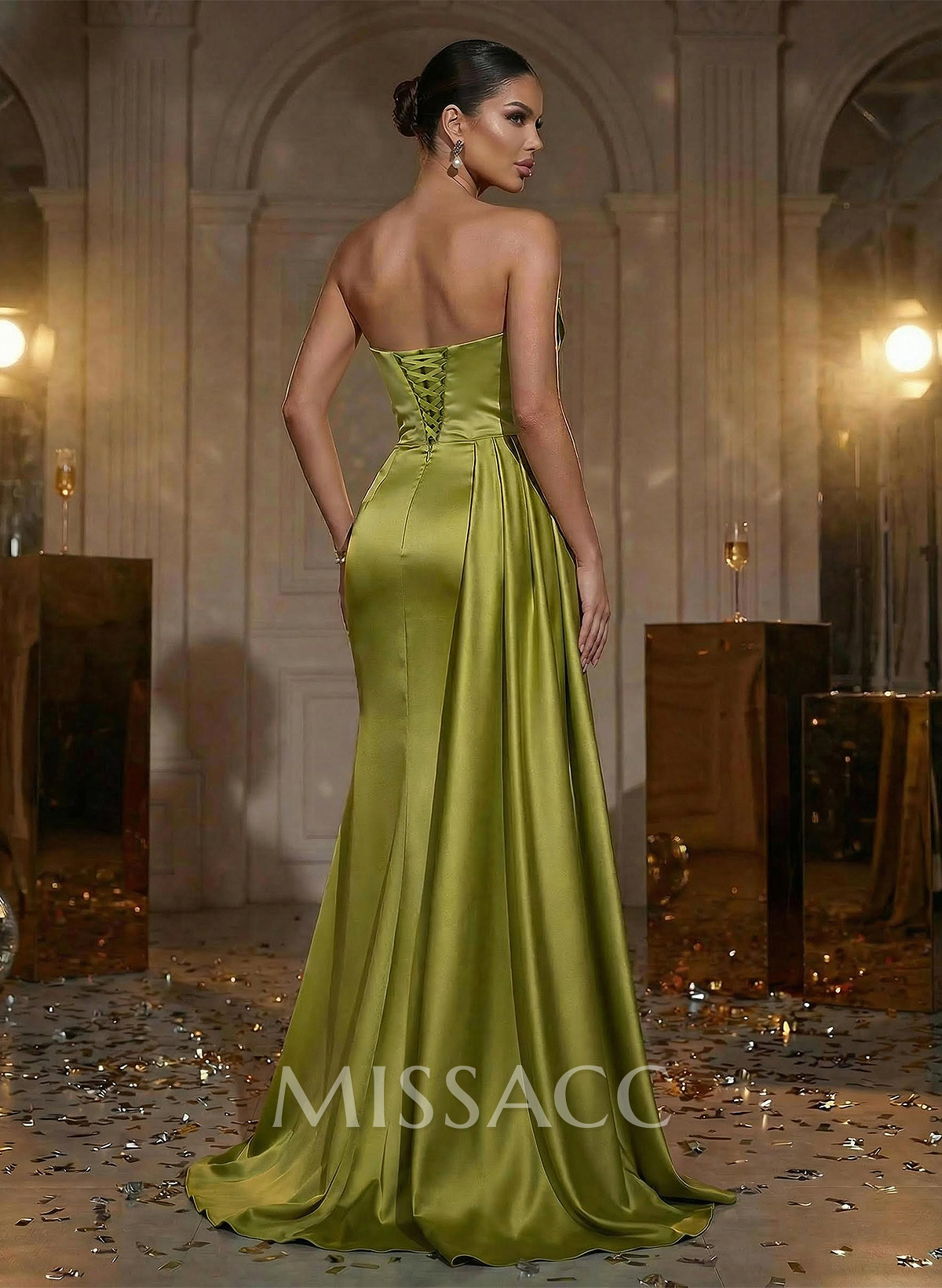 Strapless Mermaid Evening Gown In Silky Satin With Sweep Train, High Slit And Side Drape
