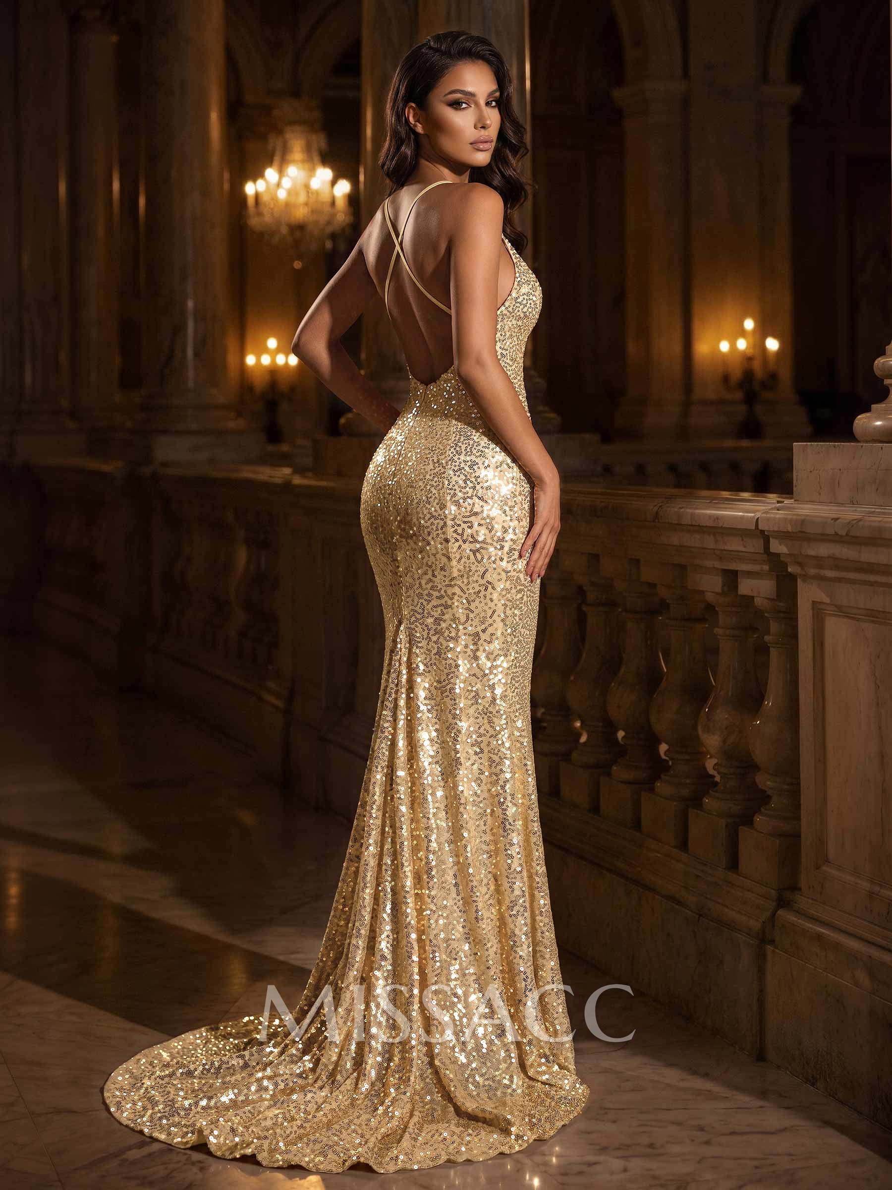 Sequinned V-Neck Sleeveless Mermaid Evening Dresses With Sweep Train
