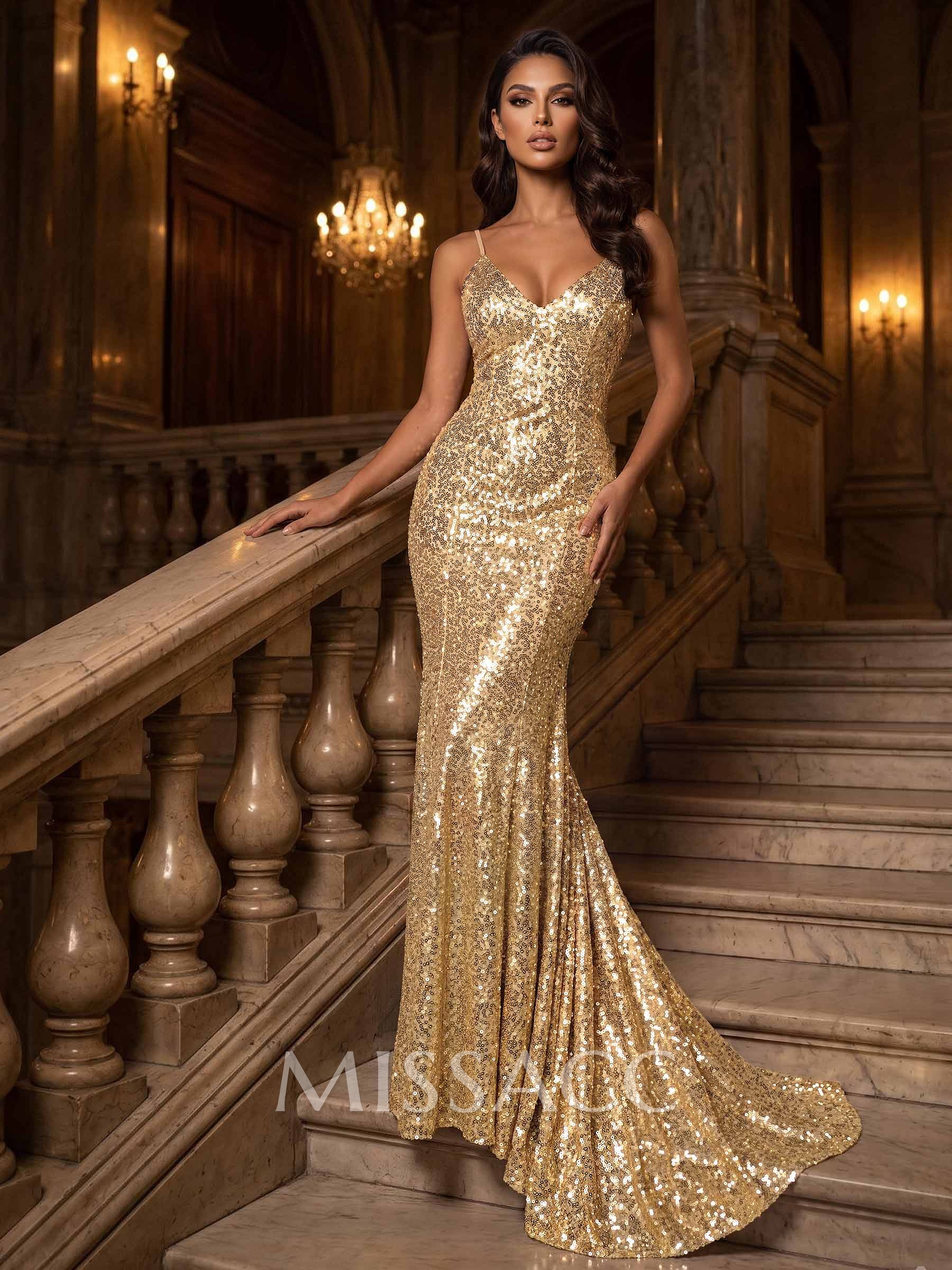 Sequinned V-Neck Sleeveless Mermaid Evening Dresses With Sweep Train