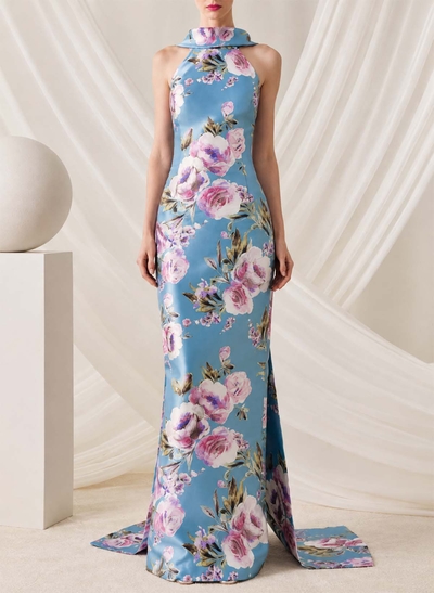 Floral Print Satin Halterneck Sleeveless Column Evening Dress With Sweep Train