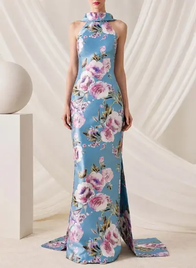 Sheath/Column Halter Sleeveless Sweep Train Satin Evening Dresses With Floral-Print