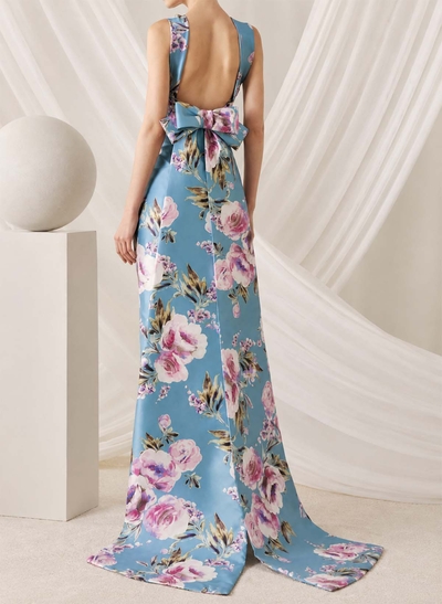 Floral Print Satin Halterneck Sleeveless Column Evening Dress With Sweep Train